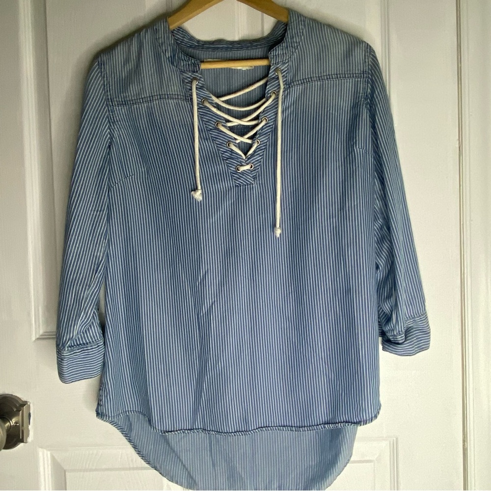 Love Blue Nautical Pinstripe Lace-Up Blouse